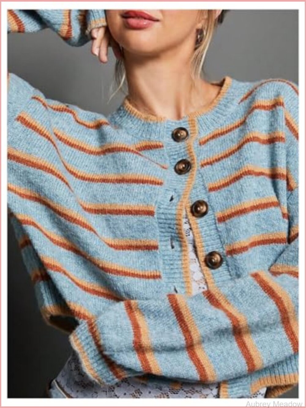 Striped Button Front Cropped Cardigan Long Sleeve Lightweight Knit - Picture 4 of 5